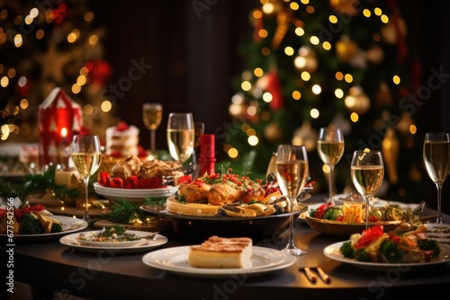 Elegant Christmas dinner table filled with food  New Year decorations with Christmas tree in the background.