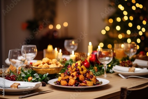 Elegant Christmas dinner table filled with food, New Year decorations with Christmas tree in the background.