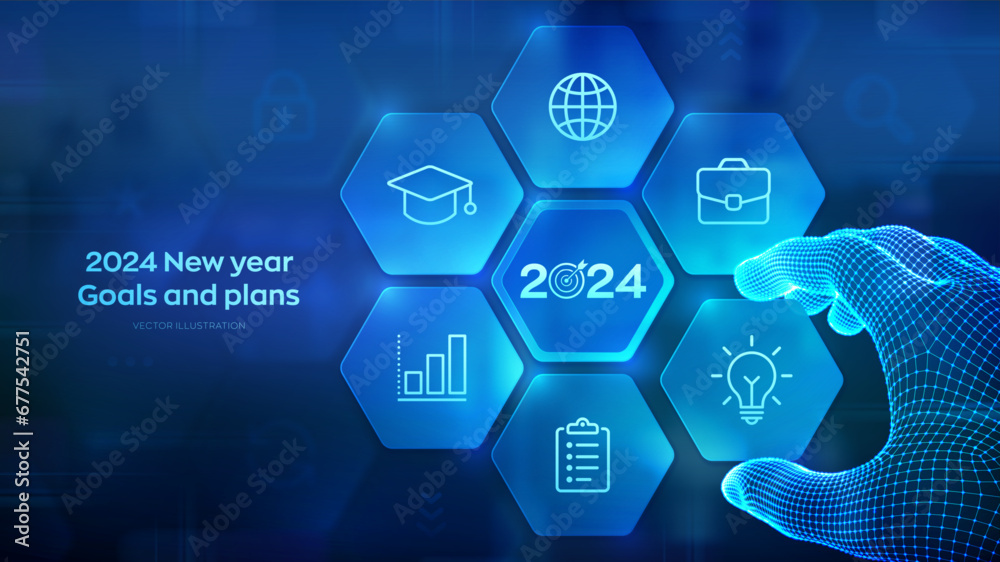 2024 New year Goals and plans. Wireframe hand places an element into a composition visualizing Goal acheiveement and success in 2024. Business plan and strategies concept. Vector illustration. - obrazy, fototapety, plakaty 
