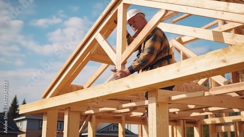 A male roofer is in the process of strengthening the wooden structures of the roof of a house. A middle-aged Caucasian man is working on the construction of a wooden frame house.