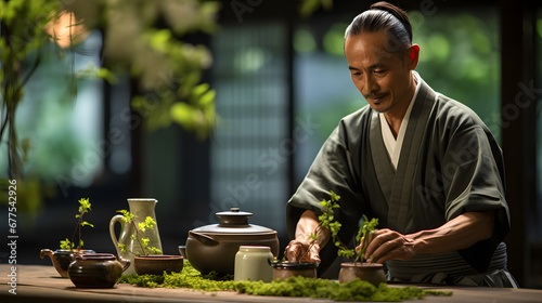 A traditional Japanese tea ceremony, with serene bamboo gardens as the background, during a cultural festival photo