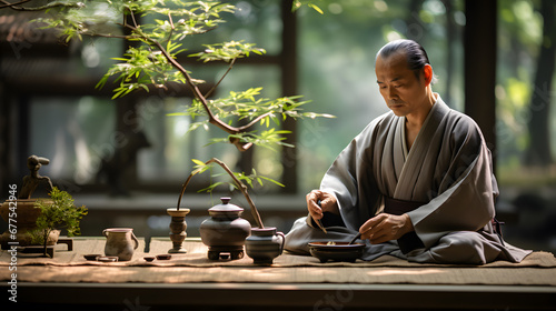A traditional Japanese tea ceremony, with serene bamboo gardens as the background, during a cultural festival photo