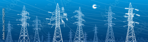 High voltage transmission systems. Electric pole. Power lines. A network of interconnected electrical. Energy pylons. City electricity infrastructure. White otlines on blue background. Vector design photo