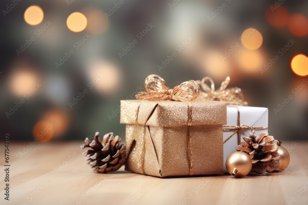 Gift Boxes And Pine Cones On Bokeh Background