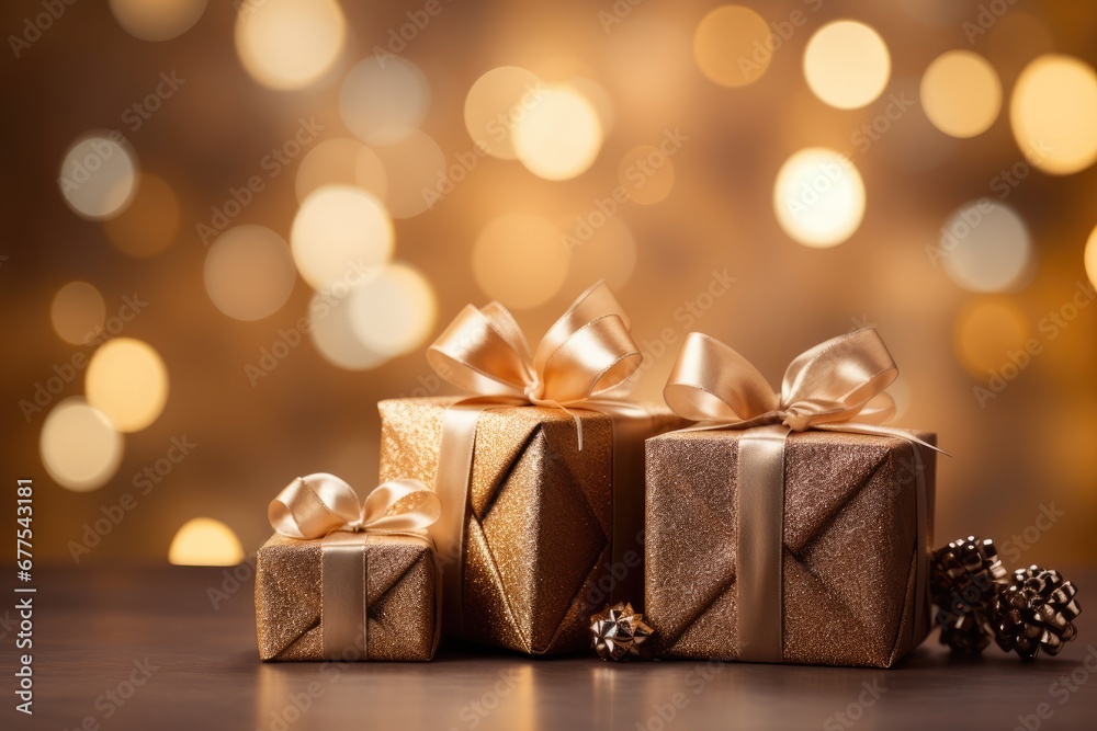 Gift Boxes And Pine Cones On Bokeh Background Gift Boxes And Pine Cones On Bokeh Background
