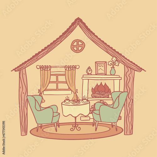 Illustration of warm living room with fireplace, tea table, armchairs and window