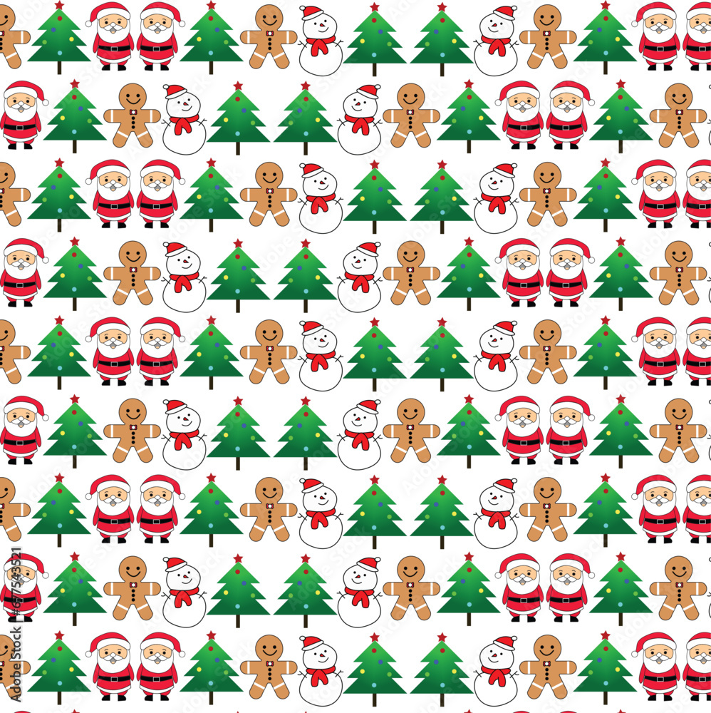 seamless pattern Christmas cute santa claus, snowman and tree