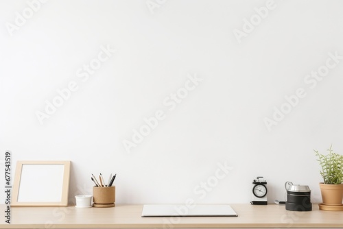 Office table, empty desk with supplies and white wall copy space. Creative workspace, Generative AI
