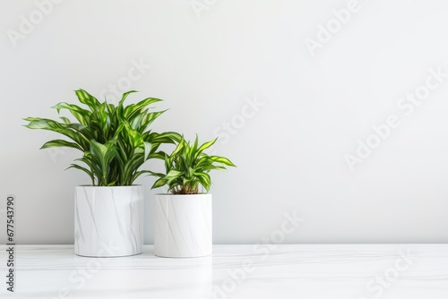 Plants in marble flower pots in the interior on white table, Generative AI