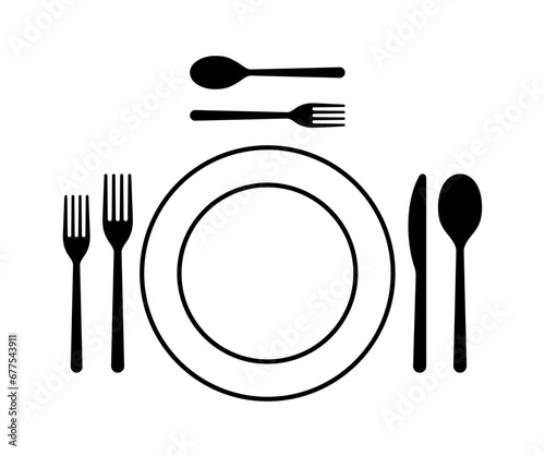 Arrangement of cutlery in table etiquette sign. Plate, fork, spoon and knife for food icon. Dish on table. Ready to eat. Tableware sign for menu cafe or restaurant. Vector