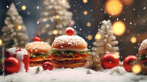Tasty and juicy burger with Christmas decoration on a winter background.