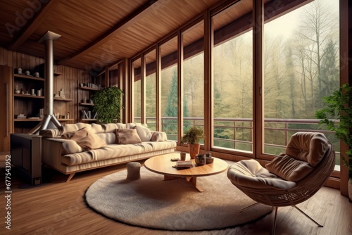 Chalet interior design of modern living room in wooden eco house in forest. Generative AI