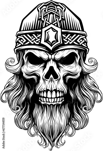 A Viking skull skeleton warrior or barbarian gladiator man mascot face looking strong wearing a helmet. In a retro vintage woodcut style.