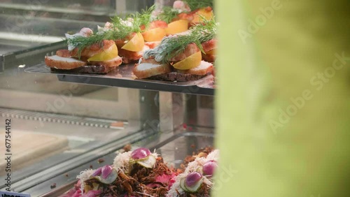 Delicious smørrebrød on display in Danish eatery. photo