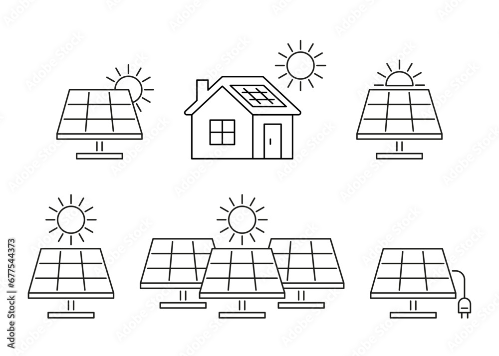 Solar panel separate and on house, accumulate sun energy, line icon set. Alternative electric generation from sunlight. Vector outline