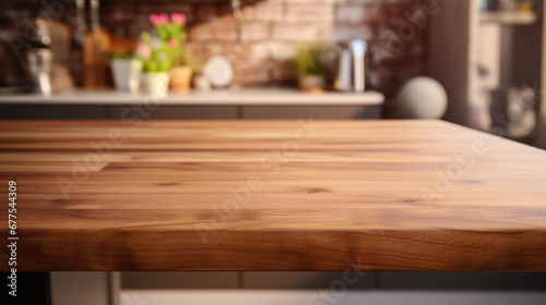 Empty beautiful wood table top counter and blur bokeh modern kitchen interior background in clean and bright,Banner, Ready for product montage