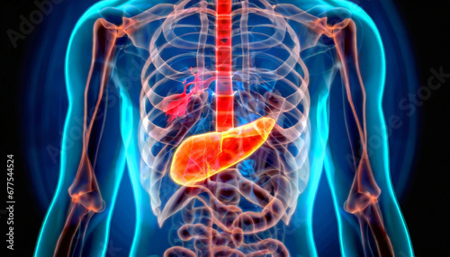 3D Visualization Illustration of Man's Pancreas Anatomy, 3D Exploration of the Pancreatic Anatomy in Man's Digestive System, Generative AI