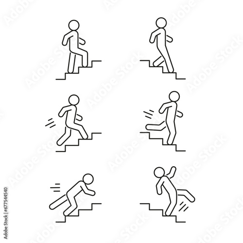 Stairs up and down person walk, run and fall, line icon set. Stairway, steps direction sign. Safe moving upstairs and downstairs, rise and descend. Editable stroke. Vector