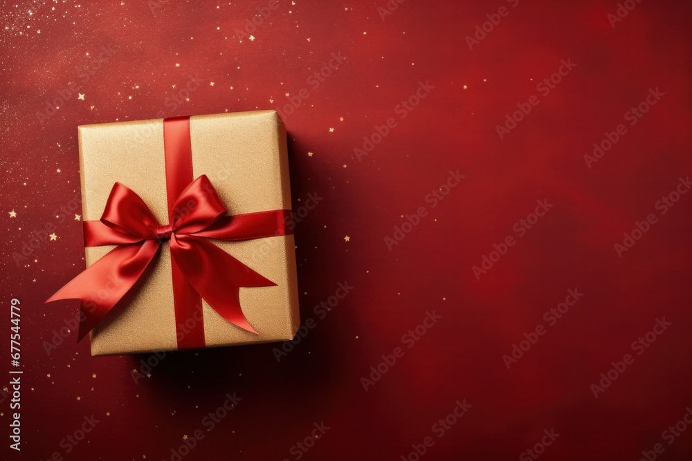 Red gift box with gold satin ribbon on the background. Top view of birthday present with space for holiday or Christmas gift. Red gift box with gold satin ribbon on the background. Top view of birthday present with space for holiday or Christmas gift.