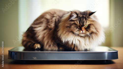 Overweight cat sitting on weight scale photo