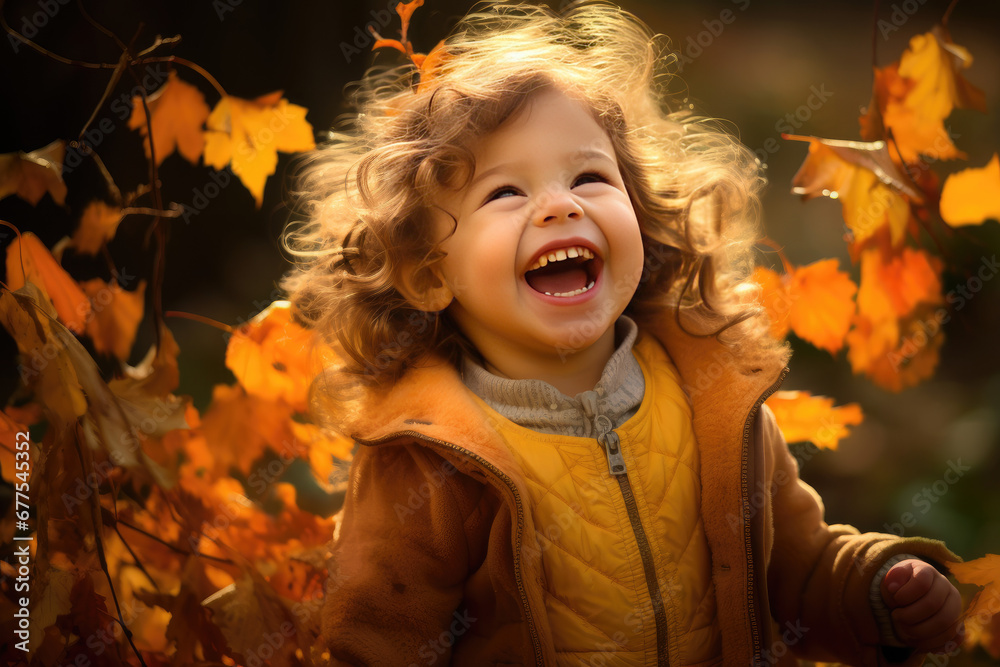 a little girl playing an autumn park