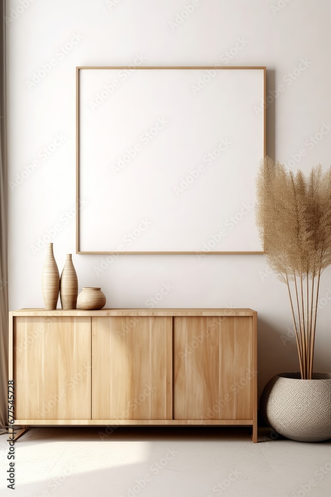 Wooden cabinet and blank poster on white stucco wall. Interior design of modern living room. Generative AI - obrazy, fototapety, plakaty 