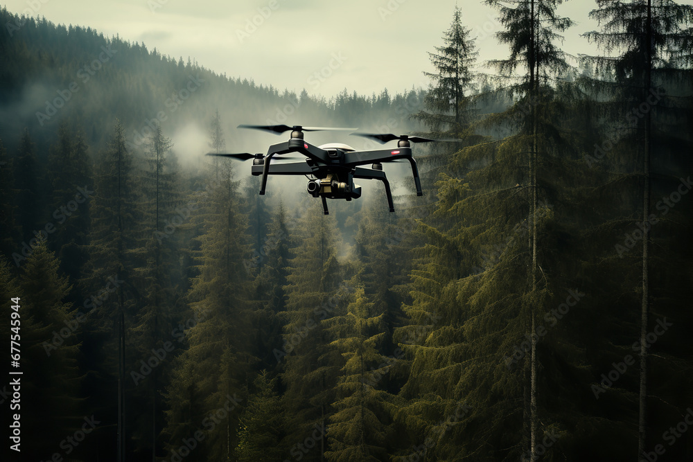 A drone equipped with a camera hovers over a dense forest, capturing breathtaking aerial footage for a documentary A drone equipped with a camera hovers over a dense forest, capturing breathtaking aerial footage for a documentary