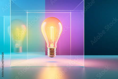 Interior of a light bulb in a pastel colored transparent case. A delicate and simple concept with a minimalist style that encourages free thinking, innovative ideas, and unusual inspiration.