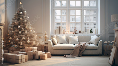 Christmas theme interior with nobody, empty room without people. Cozy living room with sofa and decorative Christmas tree. Bright lighting style of happiness festival and holiday in new year.