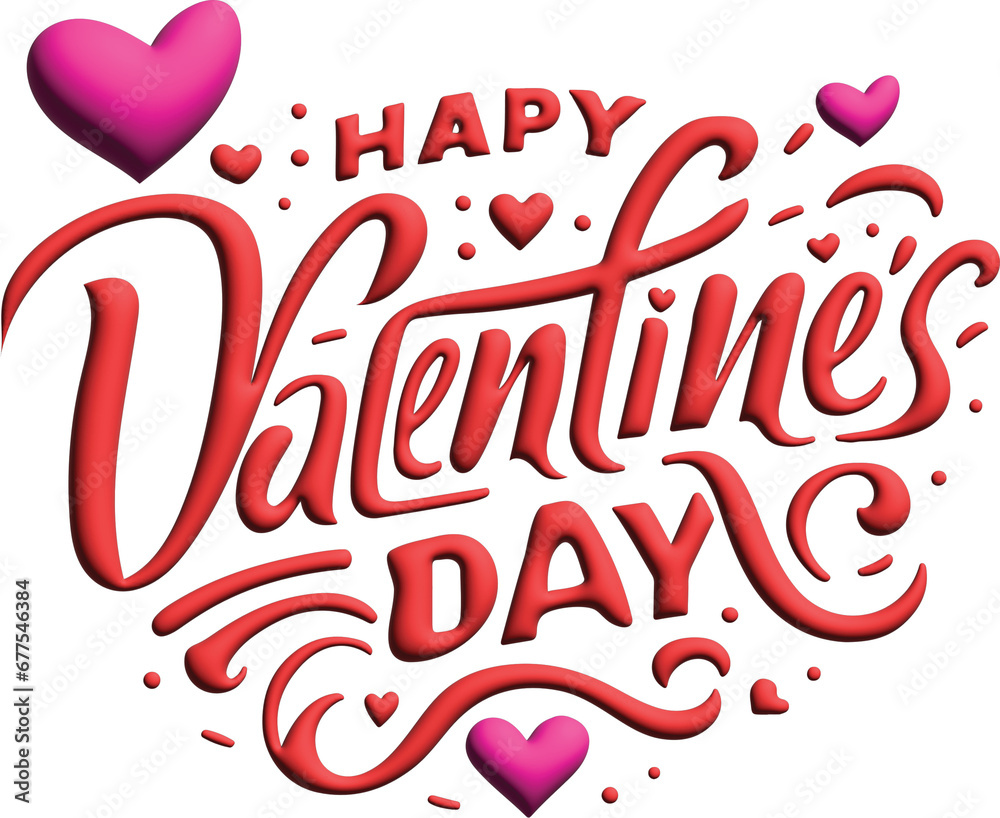 Happy Valentine's Day beautiful handwritten lettering. red typography 3d inflate text with isolated on white background.