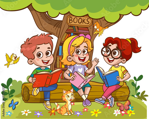 Book reader, cute woodland life and back to school classy vector scene.Books day, outdoor library for smart animals and children.