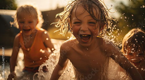  young children playing in the water with splash water