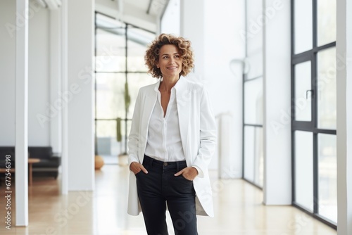Portrait of a professional woman in a suit. Mature business woman standing in an office. Ceo corporate leader  female lawyer or leader manager wearing suit standing arms crossed in office.