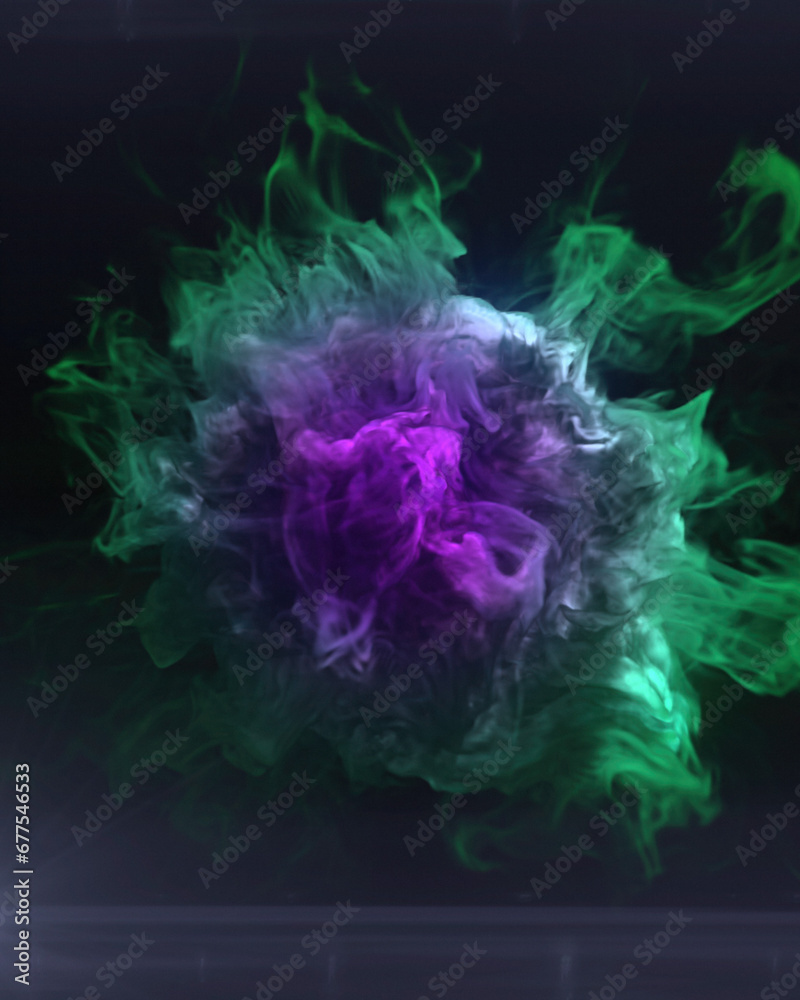 Obraz premium A bright and colorful explosion with intertwining swirls of green and purple smoke. 3d rendering digital illustration