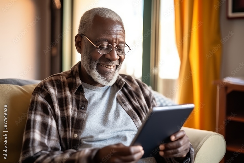 Cheerful senior grey-haired African American man in casual clothing uses digital tablet while sitting on sofa at home. Focused retired person browsing the Internet, watching news, reading e-book. Cheerful senior grey-haired African American man in casual clothing uses digital tablet while sitting on sofa at home. Focused retired person browsing the Internet, watching news, reading e-book.