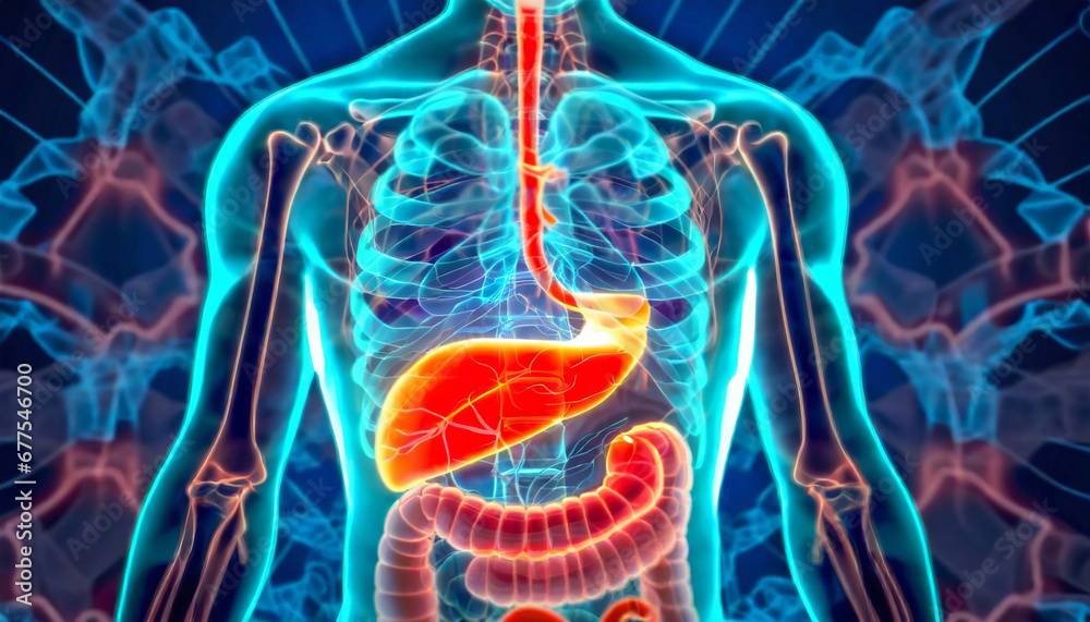 3D Visualization Illustration of Man's Pancreas Anatomy, 3D Exploration of the Pancreatic Anatomy in Man's Digestive System, Generative AI - obrazy, fototapety, plakaty 