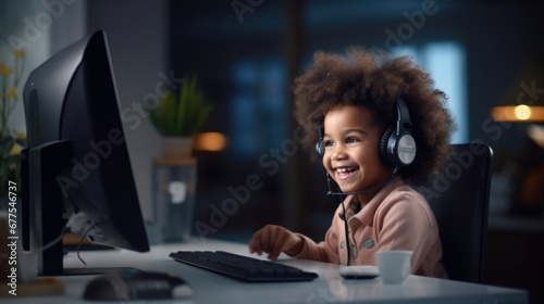 Happy little boy wearing headphones, looking at the screen of a laptop while communicating with his teacher during online lesson at home