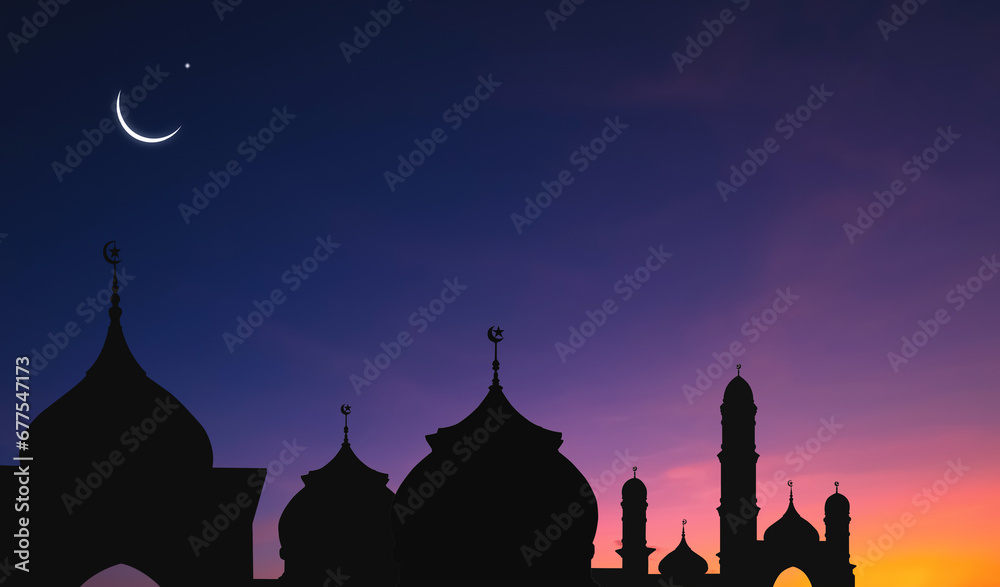 Silhouette Mosque Domes with Crescent moon and stars on dark blue Twilight sky Background in Iftar period during Ramadan Holy month