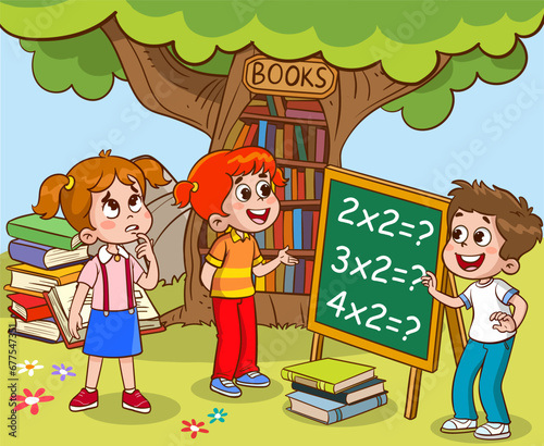 Book reader, cute woodland life and back to school classy vector scene.Books day, outdoor library for smart animals and children.