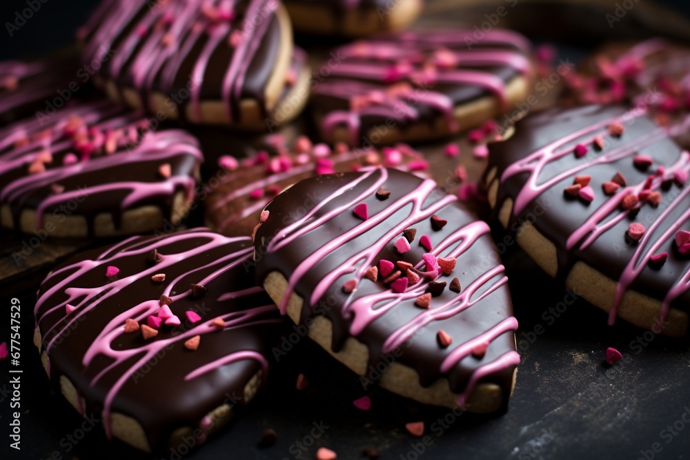 Sweet Romance: Heart-Shaped Strawberry Cookies with Dark Chocolate Drizzle
