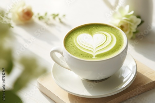 Sunny Serenity: Matcha Latte with Latte Art on White Table