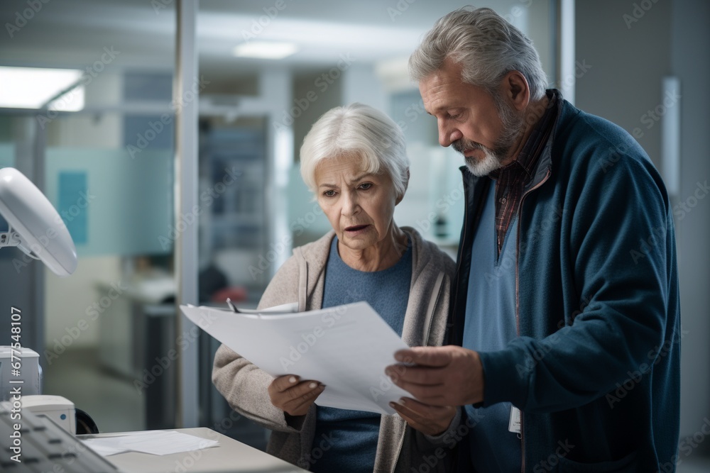 Navigating Uncertainty: Elderly Couple Reviewing Documents in a Hospital, Confronting a Challenging Diagnosis or Unexpected Financial Strain Navigating Uncertainty: Elderly Couple Reviewing Documents in a Hospital, Confronting a Challenging Diagnosis or Unexpected Financial Strain