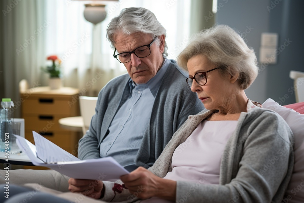 Navigating Uncertainty: Elderly Couple Reviewing Documents in a Hospital, Confronting a Challenging Diagnosis or Unexpected Financial Strain Navigating Uncertainty: Elderly Couple Reviewing Documents in a Hospital, Confronting a Challenging Diagnosis or Unexpected Financial Strain