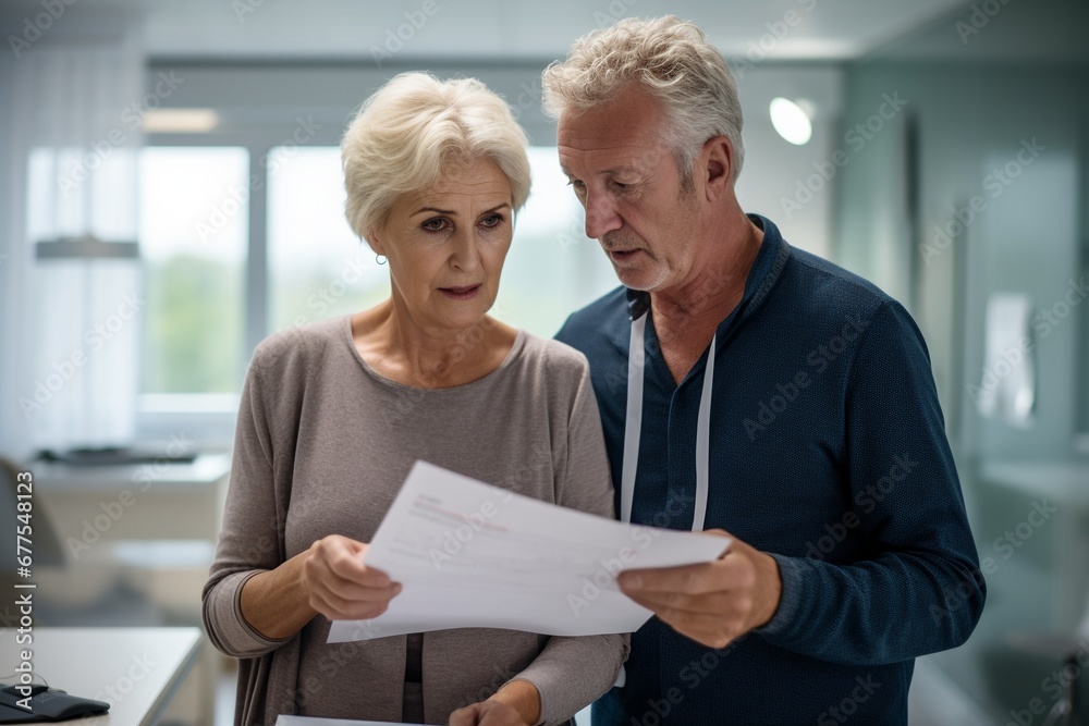 Navigating Uncertainty: Elderly Couple Reviewing Documents in a Hospital, Confronting a Challenging Diagnosis or Unexpected Financial Strain Navigating Uncertainty: Elderly Couple Reviewing Documents in a Hospital, Confronting a Challenging Diagnosis or Unexpected Financial Strain