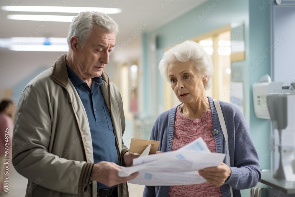 Navigating Uncertainty: Elderly Couple Reviewing Documents in a Hospital, Confronting a Challenging Diagnosis or Unexpected Financial Strain Navigating Uncertainty: Elderly Couple Reviewing Documents in a Hospital, Confronting a Challenging Diagnosis or Unexpected Financial Strain