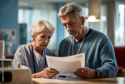 Navigating Uncertainty  Elderly Couple Reviewing Documents in a Hospital  Confronting a Challenging Diagnosis or Unexpected Financial Strain