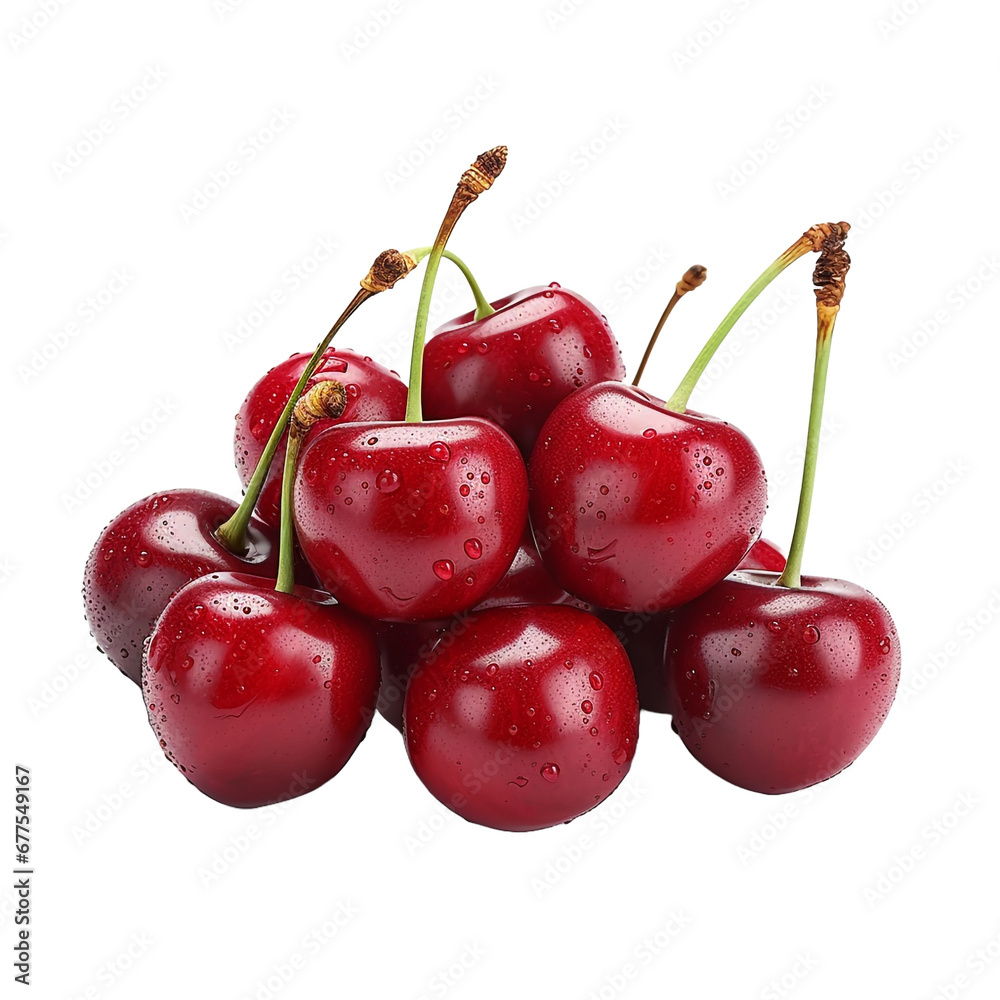 Bunch of fresh red cherries fruits isolated on transparent background Bunch of fresh red cherries fruits isolated on transparent background