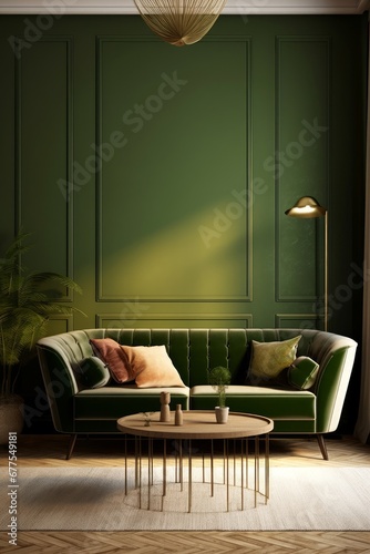 Green velvet sofa and armchair against of green wall. Interior design of classic living room. Generative AI