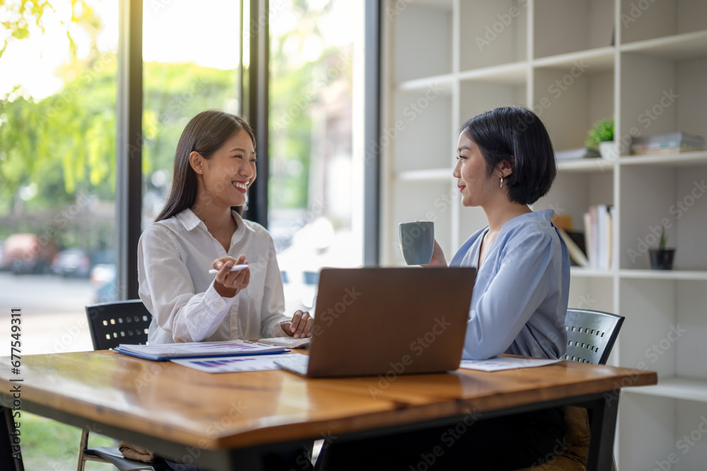 Two business worker consult and plan together. Brainstorm, share, and discuss business project ideas. Two business worker consult and plan together. Brainstorm, share, and discuss business project ideas.