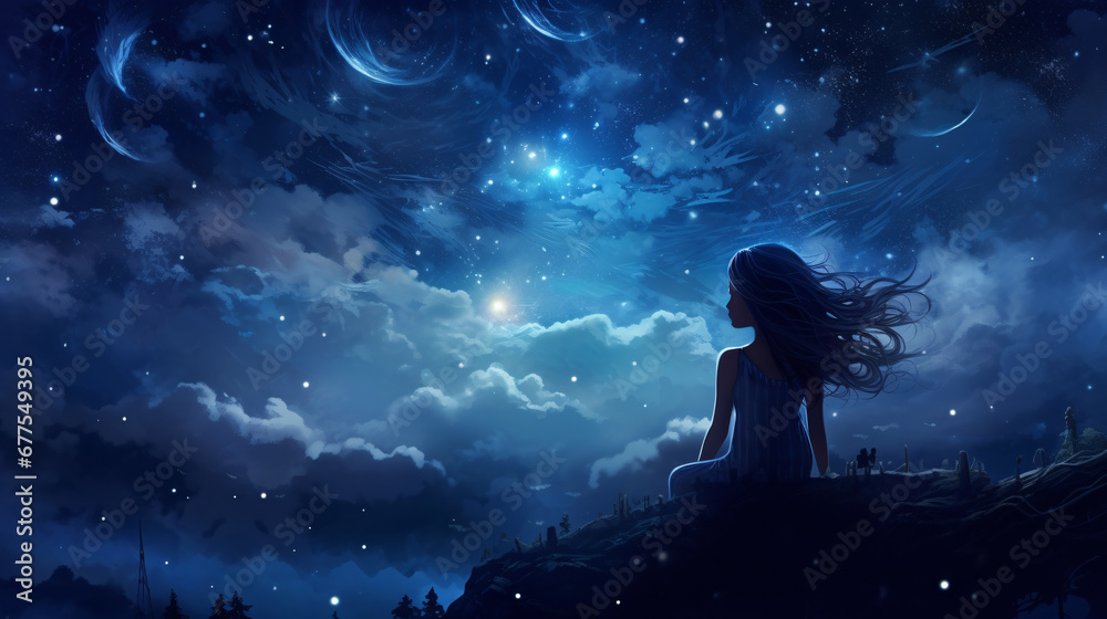 夜空を眺める少女